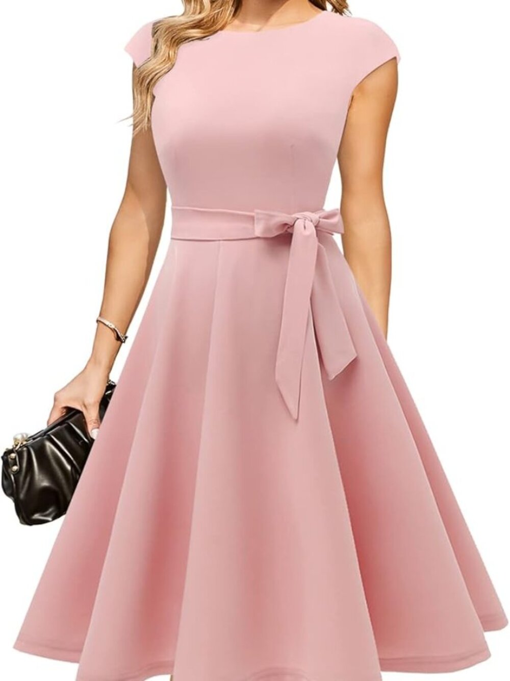 Blush pink fit and flare midi dress with tie